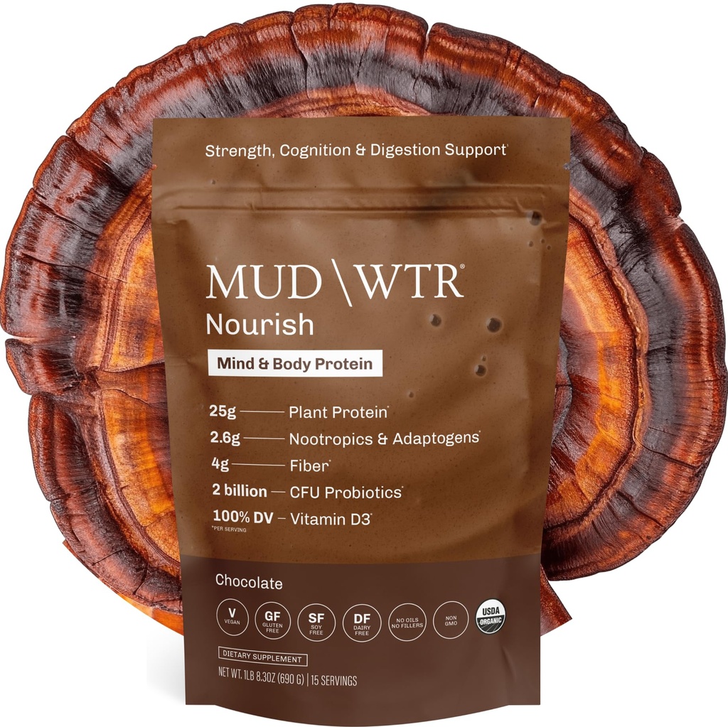 MUDWTR Nourish | Chocolate Mushroom Protein Powder | 2,000mg Adaptogenic Mushrooms | Vegan Protein Powder | USDA Organic | Focus, Mood & Digestion Support | Cacao, Lion's Mane, Bacopa | 15 Servings