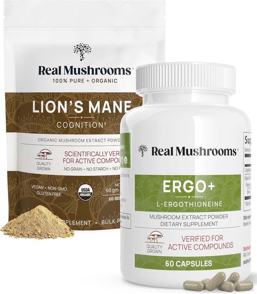 Real Mushrooms Ergothioneine (60ct) 및 Lion의 Mane 유기 분말 (60 서빙) Shiitake와 Oyster 버섯 추출물과 번들 - Longevity 및 Cognition - Vegan, Gluten Free, Non-GMO