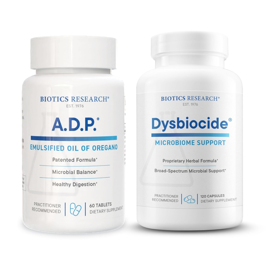 BIOTICS RESEARCH Dysbiocide Botanical Blend for Gut & Microbiome Support + A.D.P. Emulsified Oil of Oregano for GI Health – 120 Caps & 60 Tabs