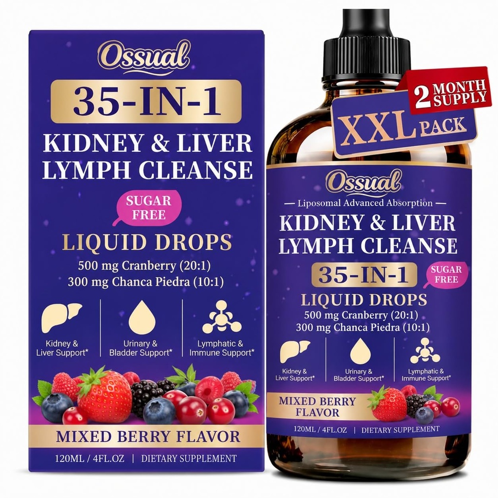 35-in-1 Kidney and Liver Cleanse Detox & Repair Drops – Liposomal Lymphatic Drainage with Cranberry, Milk Thistle & Chanca Piedra – Urinary Tract & Liver Support, Vegan, Mixed Berry Flavor