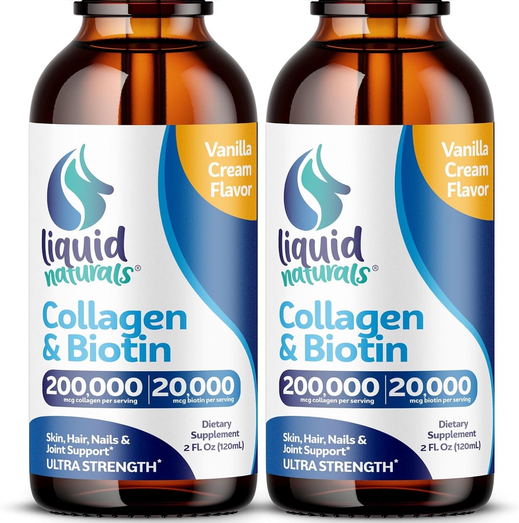 Coláxeno líquido e biotina, 2 Fl. Oz, suplementos de coláxeno ultra-Strength para mulleres, Biotina Keto Friendly para o crecemento do cabelo Mulleres, Nails, e Vitaminas de pel B7 Collageno Peptides - Vanilla Flavor - 2 Pack