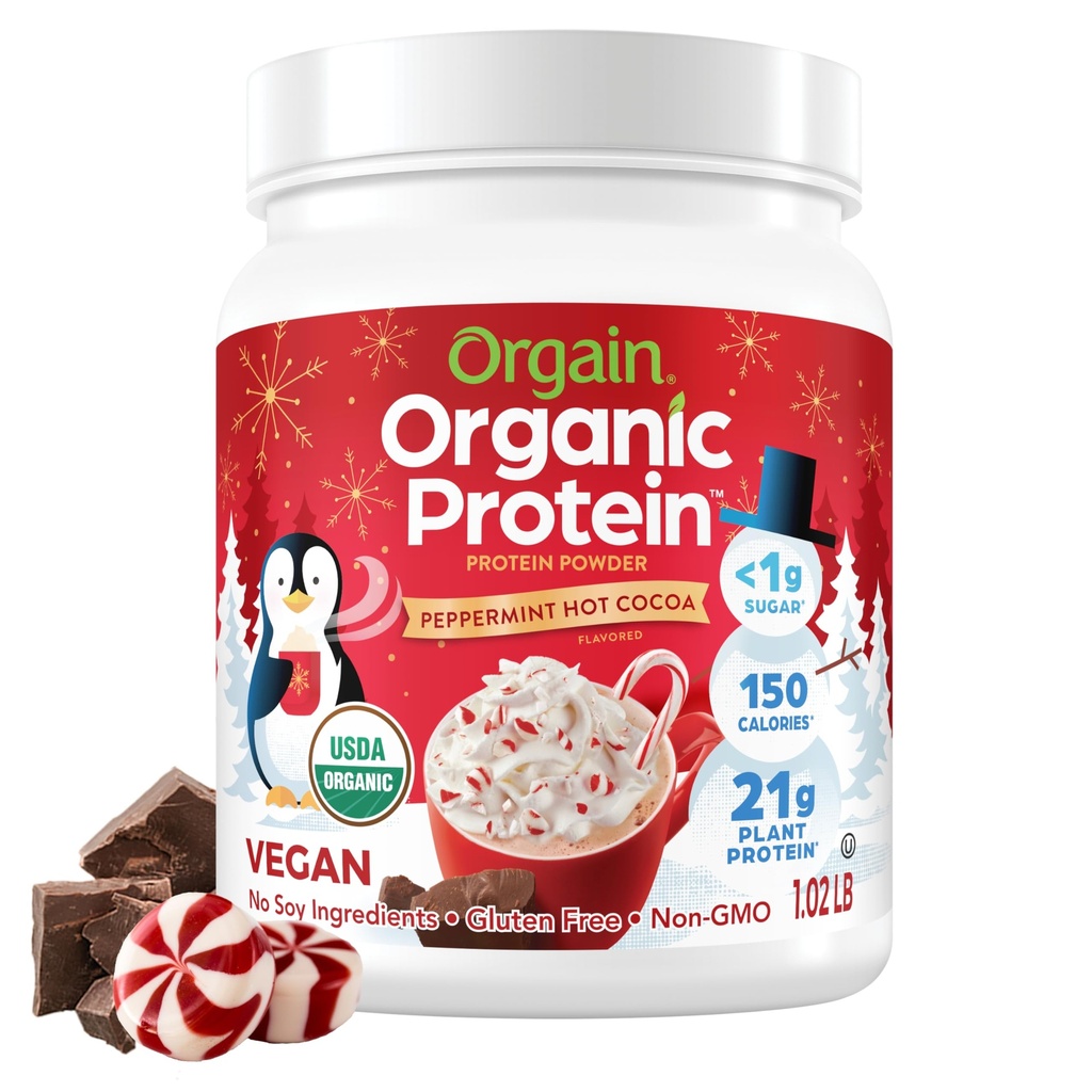 Orgain Organic Vegan Protein Powder, Peppermint Hot Cocoa Holiday Flavor - 21g of Plant Protein, 5g Prebiotic Fiber, No Lactose Ingredients, No Added Sugar, Non-GMO, For Shakes & Smoothies, 1.02 lb