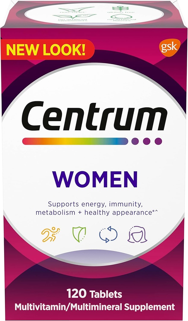 Centrum Multivitamin for Women, Multivitamin/ Multiminal Supplement with Iron, Vitamin D3, B 维生素和抗氧化维生素C和E, Gluten Free, N-GMO Infedients - 120 Counters