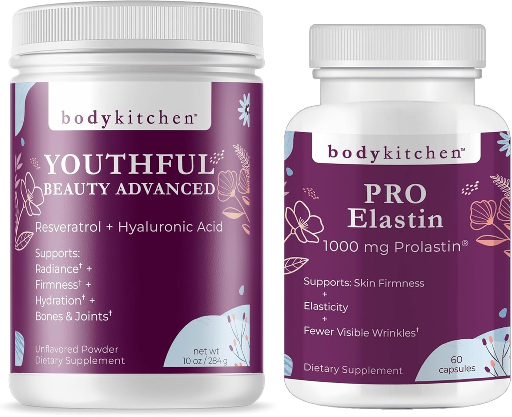 Body Kitchen Youth Beauty Advanced Collagen Peptides Powder and Resveratrol and Hyaluronic Acid 10oz and Pro- Elastin, Count of 60