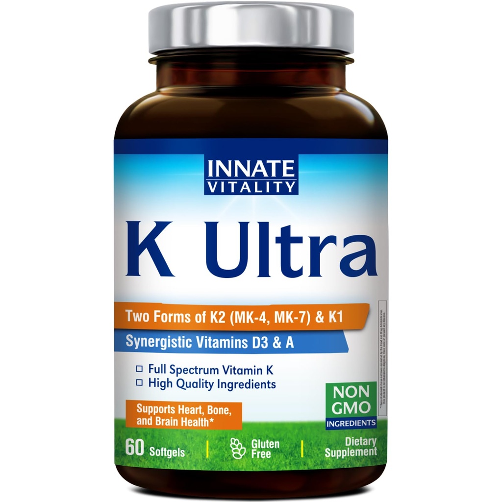 Innate Vitality K Ultra, K1 & K2 D3 Vitamin Supplement with Vitamin A, Vitamin D3 K2 5000 IU for Healthy Bones, Proper Calcium Metabolism, Full Spectrum, Non GMO, 60 Mini Softgels