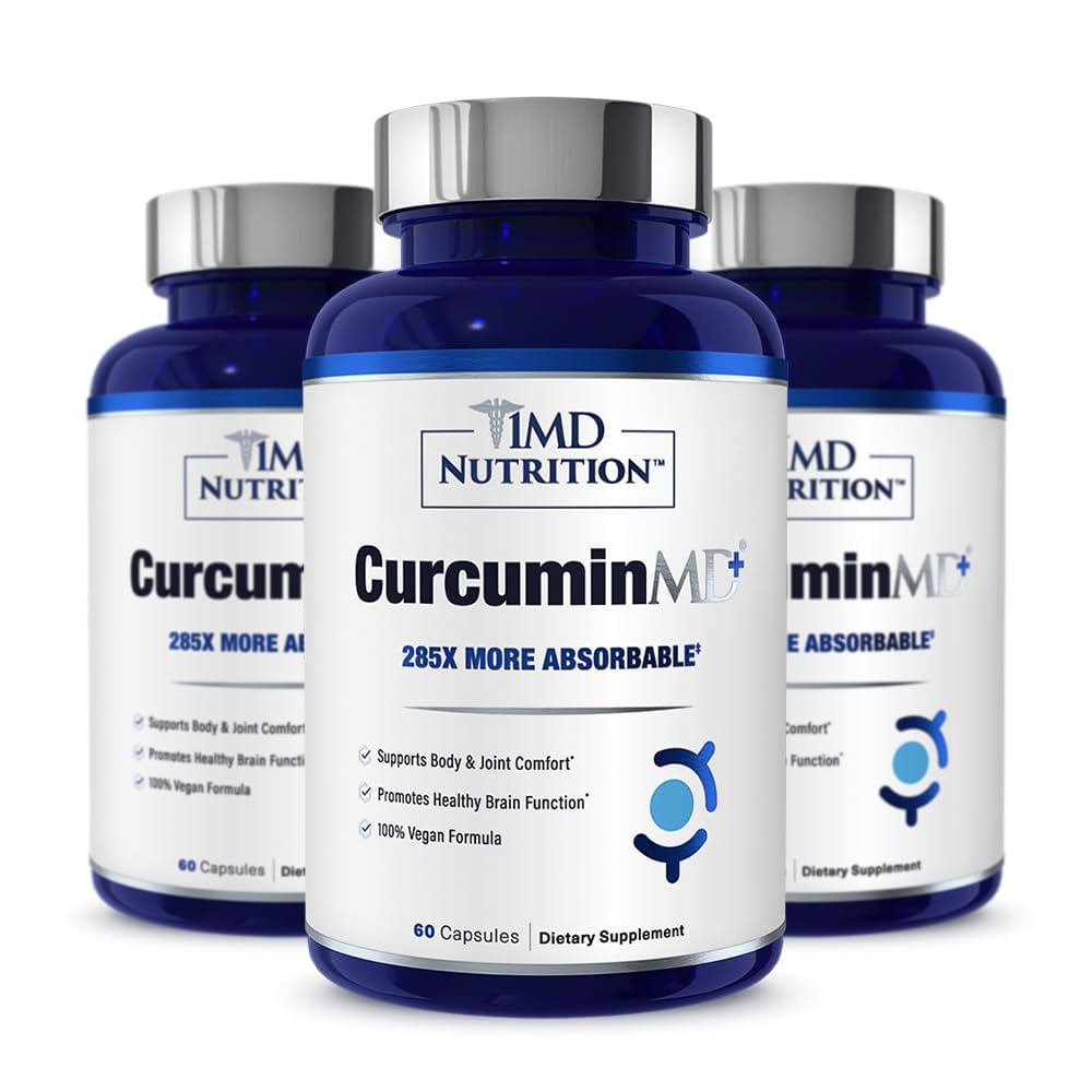 1MD Nutrition CurcuminMD Plus - Turmeric Curcumin with Boswellia Serrata - 285x More Absorbable | Joint Stiffness, Muscle Recovery, and Mood Support | 180 Capsules (3-Pack)