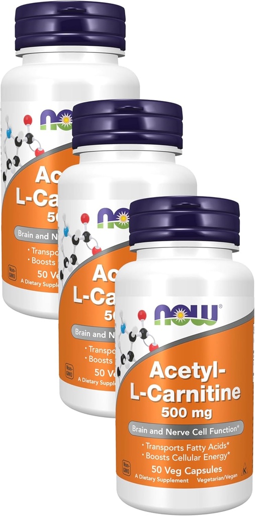 ملحقات الآن، Acetyl-L Carnitine 500 mg, Amino Acid, Brain and Nerve Cell Function*, 50 Veg Capsules (Pack of 3)