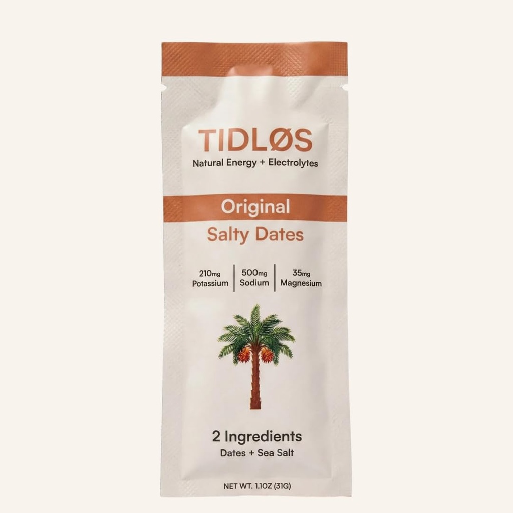 TIDLOS 2-Ingredient Energy & Electrolyte Gel, 500mg Sodium, Made with Real Food, Date Syrup and Sea Salt, 23g Carbs, No Maltodextrin, 210mg Potassium, 35mg Magnesium, High Sodium, Salty Dates, 12 Pack