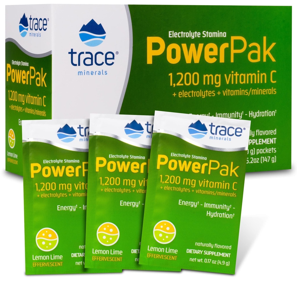 Trace Minerals | Power Pak Electrolyte Powder Packets | 1200 mg Vitamin C, Zinc, Magnesium | Boost Hydration, Immunity, Energy, Muscle Stamina | Lemon Lime | 30 Packets