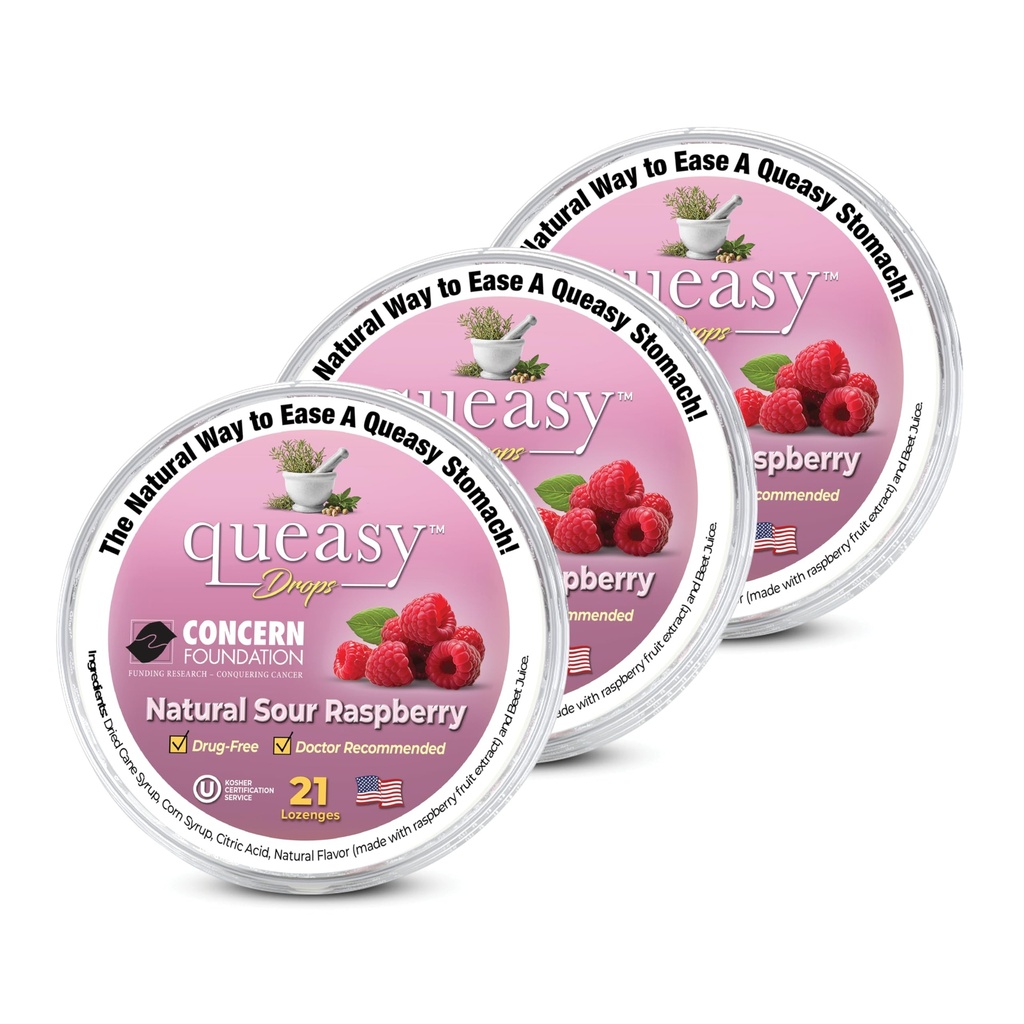 Three Lollies Queasy Drops - Sour Raspberry Flavor - Travel Sickness & Nausea Relief, Soothes Stomach & Dry Mouth, Natural Ingredients - 21ct (3-Pack)