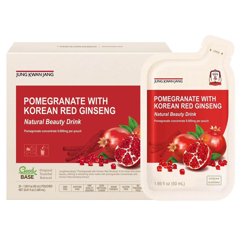 JUNG KWAN JANG Pomegranate with Korean Red Ginseng - Vegan Red Panax Ginseng Liquid Energy Drink with Natural Sweetness from Agave & Grape Extracts - No Caffeine, Non-GMO (20 Pouches, 1.69 fl oz)