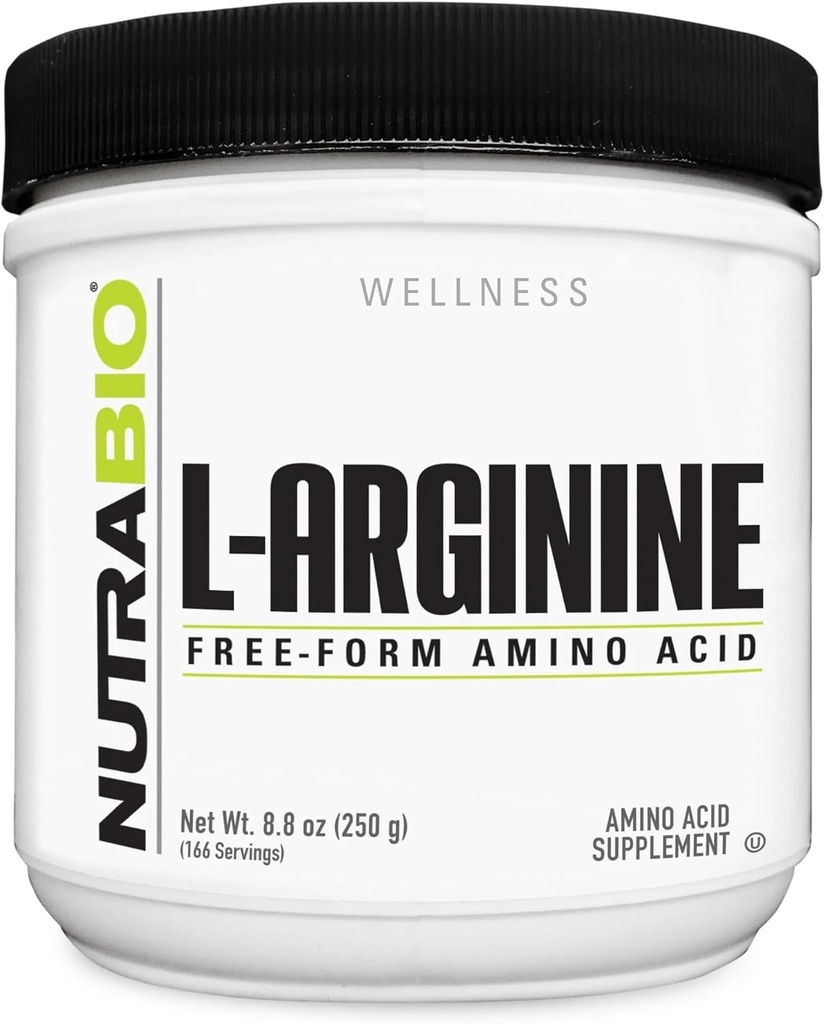 NutraBio L-Arginine Suplemen, 750mg - Nitric Oxide Precursor, Support Blood Flow, Vascular Health, and Muscle Growth, 250g