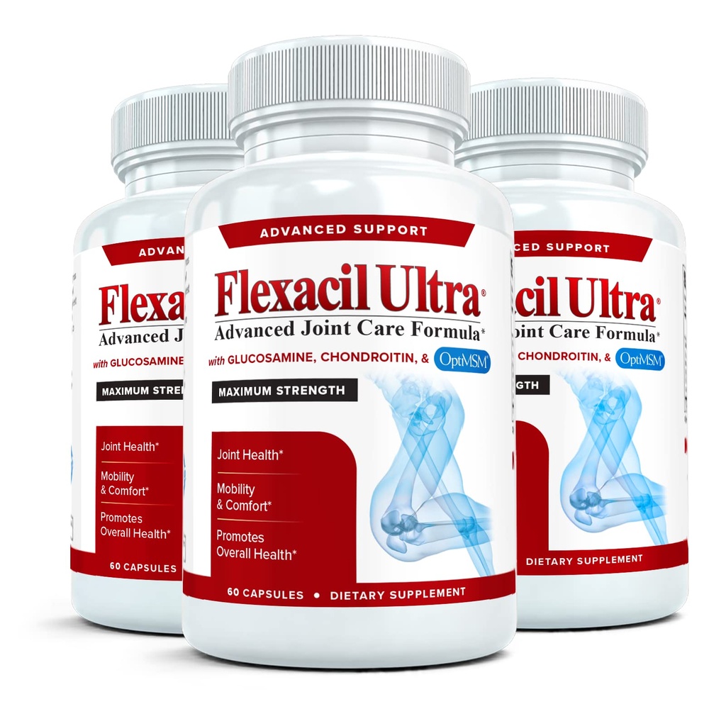 (3 Bottles Maximum Strength Joint Health & Support Supplement | Glucosamine, Chondroitin, Hyaluronic Acid & MSM | Flexibility Support for Healthy Knee & Back. 60 Capsules Each