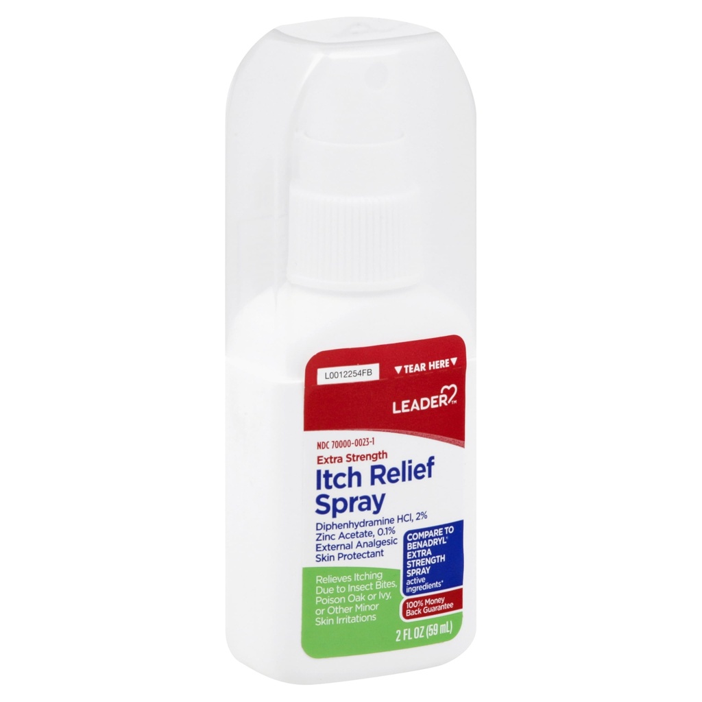 Leader Itch Relief Spray, Fast-Acting Anti-Itch Cooling with Diphenhydramine HCl & Zinc Acetate, Soothes Bug Bites, Poison Ivy, Sunburn, Minor Rashes, Skin Protectant, Topical Analgesic, 2 Fl Oz