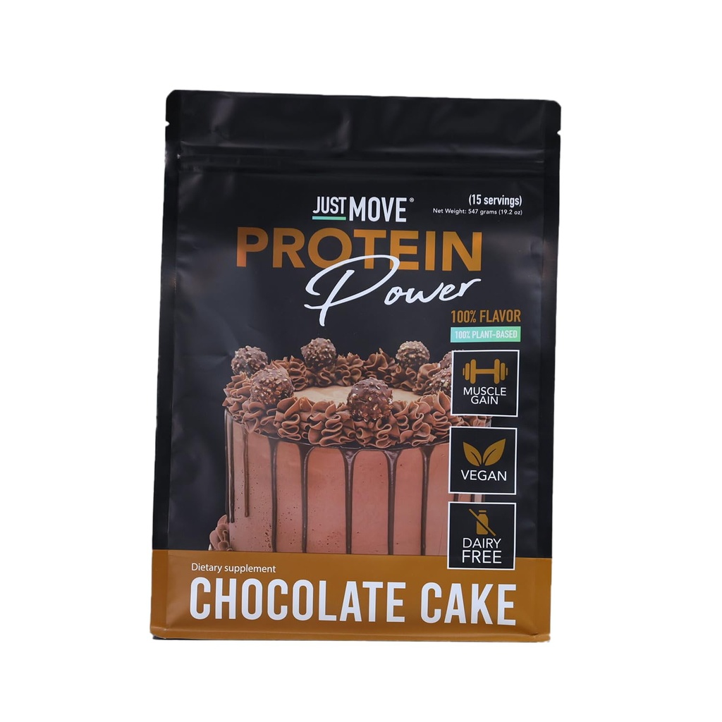 Just Move Protein - Chocolate Cake - Vegan (Plant Based), Organic, Dairy Free, Soy Free, Gluten Free, Keto, Peanut Free, 20g Protein, Low Carb, Non GMO (15 Servings)