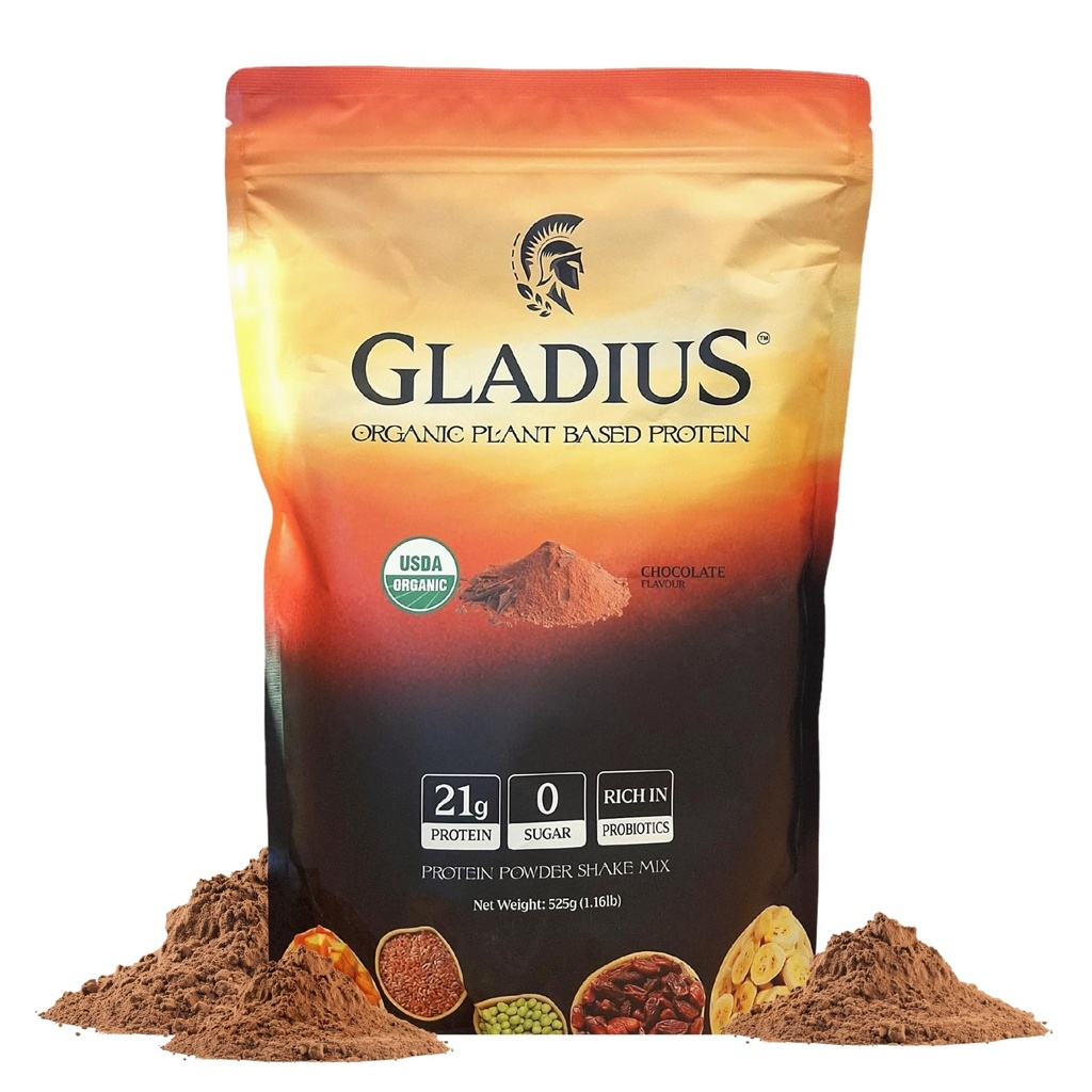 GLADIUS Organic Plant Based Protein Powder | Chocolate | 15 Servings | 21g of Protein | Plant Based | No Sugars Added | Rich in Probiotics