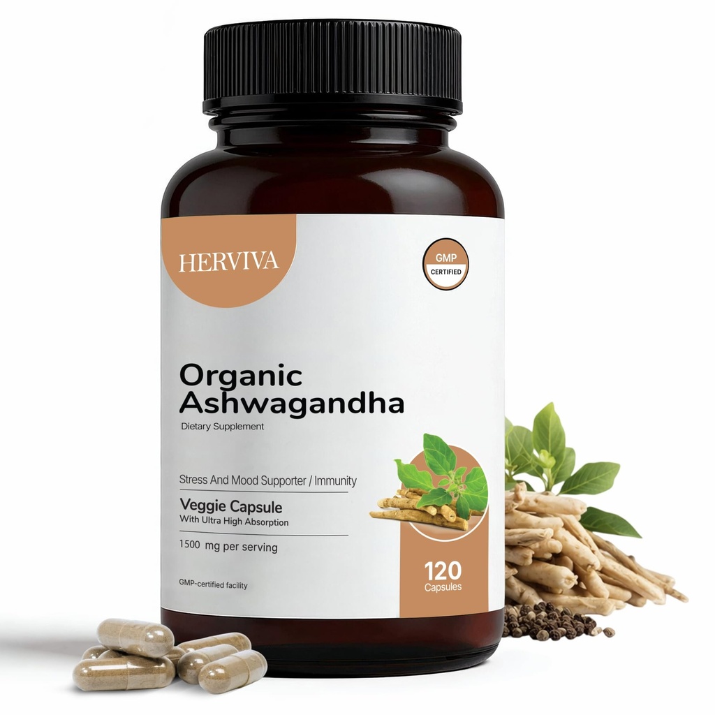 Organic Ashwagandha 1500mg per Serving, 120 Veggie Capsules with Black Pepper Extract, High Strength Adaptogen for Stress Relief, Energy & Immune Support Non-GMO, Gluten Free