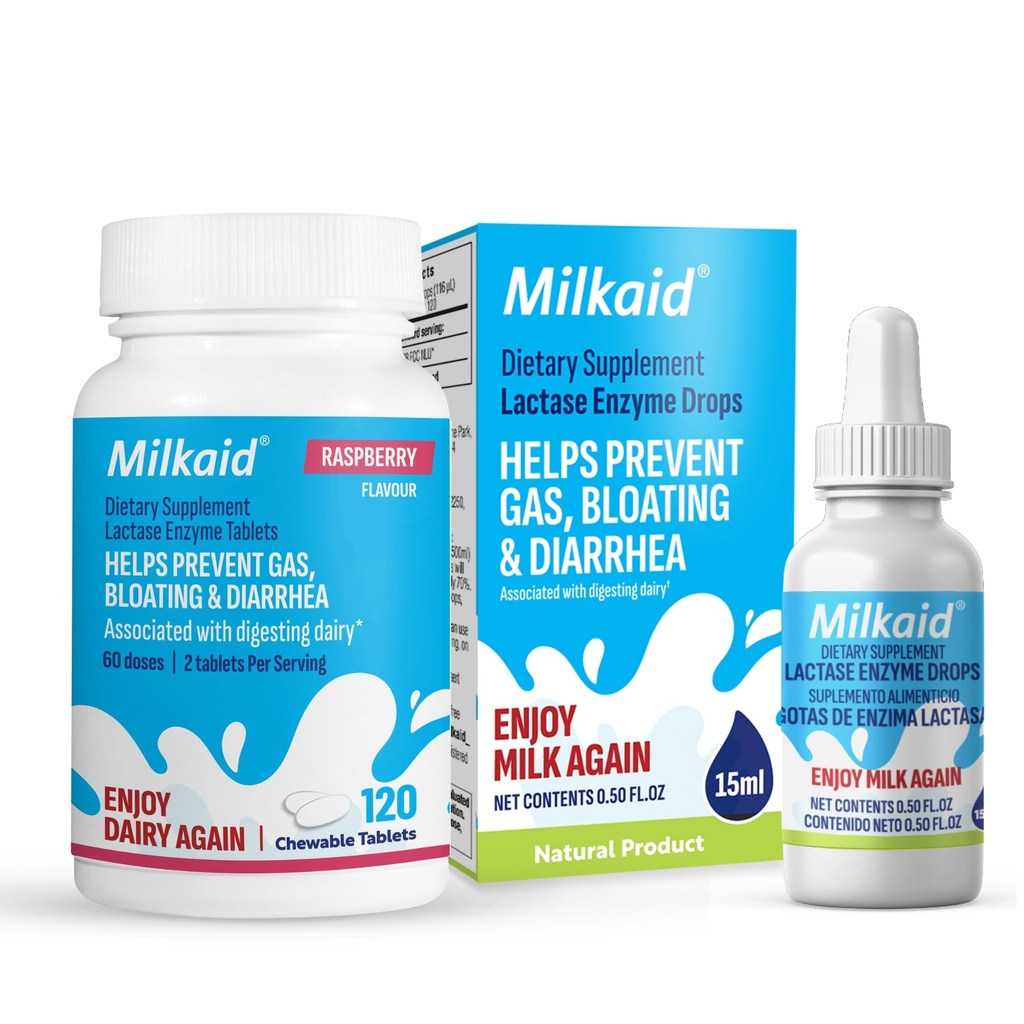 Milkaid Lactase Enzyme Drops Tablets for Lactose Intolerance Relief | Prevents Gas, Bloating & Diarrhea | Dairy Digestive Supplement | 0.5 Fl Oz & 120 Raspberry Flavored Tablets