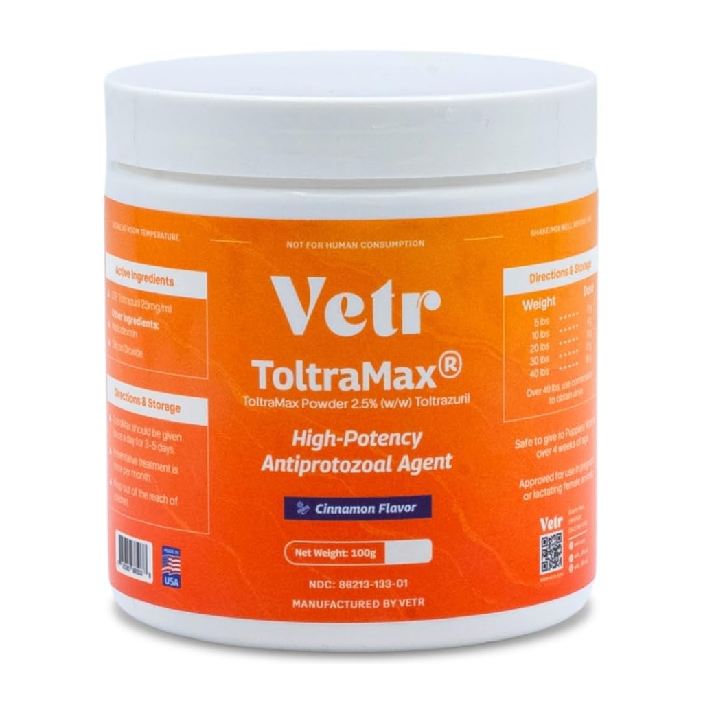 Vetr's Toltramax Toltrazuril Powder for Horses, Dogs, Cats, 100g (2.5%, Cinnamon)