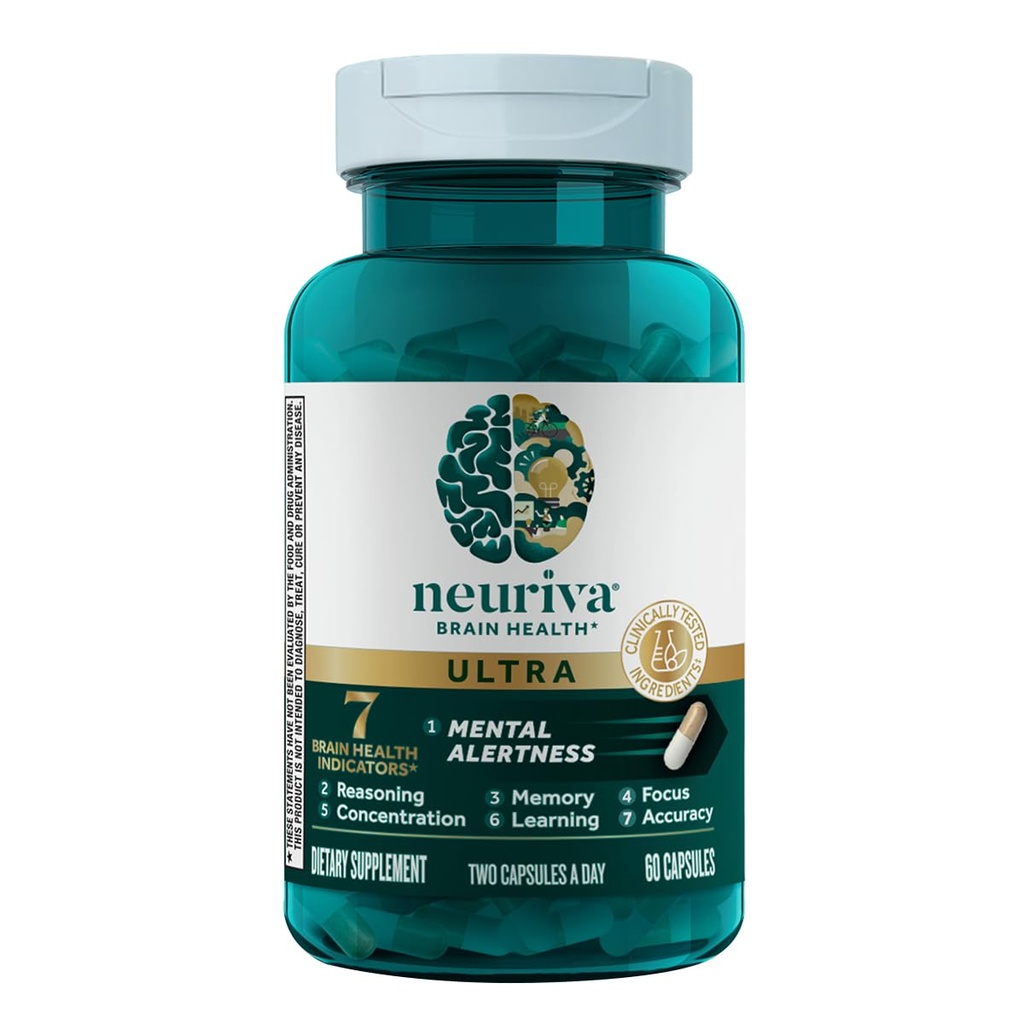 NEURIVA Ultra Brain Supplements for Memory and Focus, Phosphatidylserine, Cognivive, Neurofactor, Folic Acid, Vitamin B12 & Vitamin B6, 60 Count Capsules (Pack of 12)