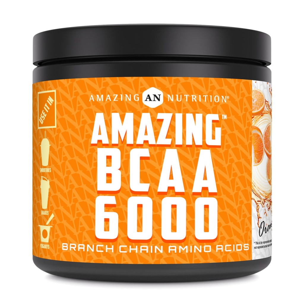 Amazing Nutrition Amazing BCAA 6000 | 6 Grams BCAA Per Serving | 30 Servings Powder | Branched Chain Amino Acid Supplement | Made in USA (Natural Orange)