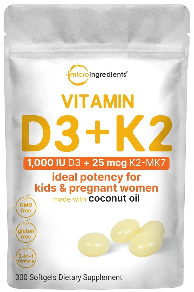Micro Ingredients Vitamin D3 1,000 IU + K2 MK-7 25 mcg, 300 Softgels | Virgin Coconut Oil | 2-in-1 Bone, Immune & Heart Support | Easy to Swallow, Non-GMO