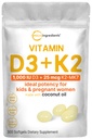 Micro Ingredients Vitamin D3 1,000 IU + K2 MK-7 25 mcg, 300 Softgels | Virgin Coconut Oil | 2-in-1 Bone, Immune & Heart Support | Easy to Swallow, Non-GMO