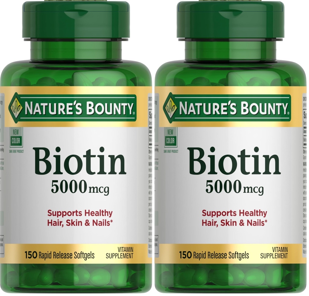 Nature's Bounty Biotin, Supports Metabolism for Cellular Energy and Healthy Hair, Skin, and Nails, 5000 mcg, 150 Softgels (Pack of 2)