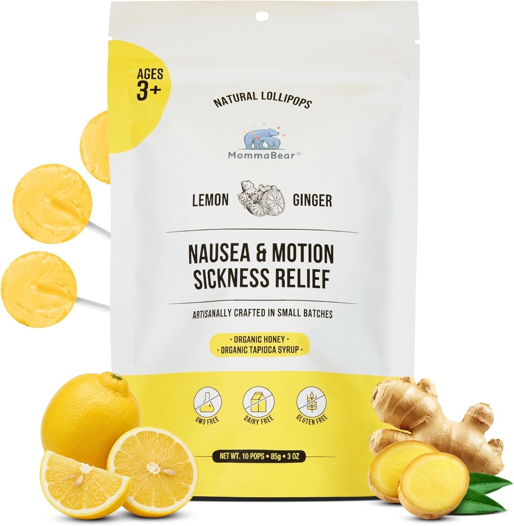 AnamaBear Nausea & Motion Tikinlik Lollipops - Nausea üçün Qeyri-GMO Limon & Ginger Candy - Uşaqlar üçün Organic Lollipops 3+ & Hami Qadınlar Alleviate Queasiness - Freshness üçün paslanmayan (10 Paket)