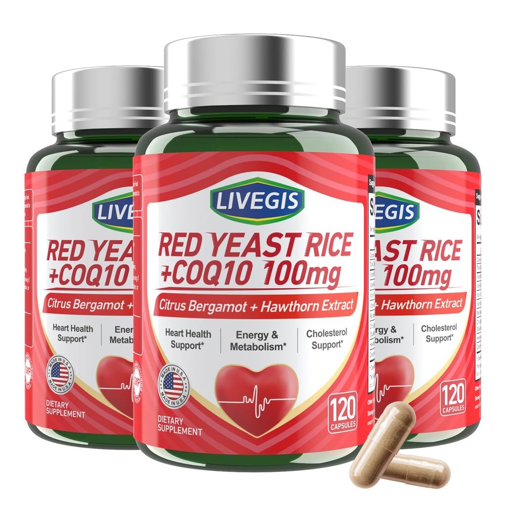 Red Yeast Rice 2000mg with CoQ10 100mg - Citrinin Free Heart Health Supplement with Citrus Bergamot & Hawthorn - Supports Healthy Cholesterol Levels - Vegan Capsules 120 Counts * 3 Bottles