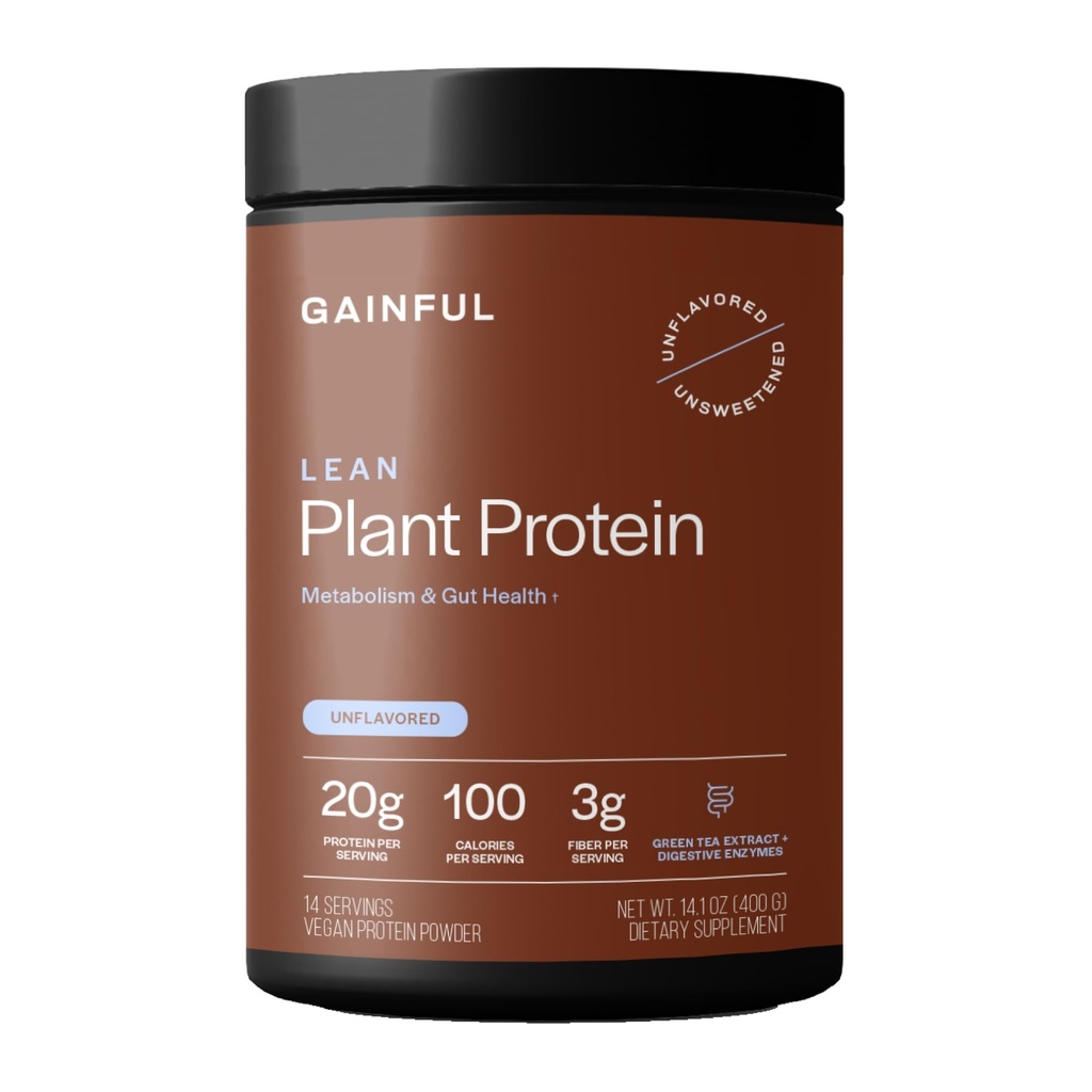 Gainful Lean Plant Protein Powder, 20g Plant Protein per Serving, Unflavored, Supports Lean Muscle, Metabolism, & Satiety, with Green Tea Extract, Digestive Enzymes, Organic Fiber, Vegan, 14 Servings