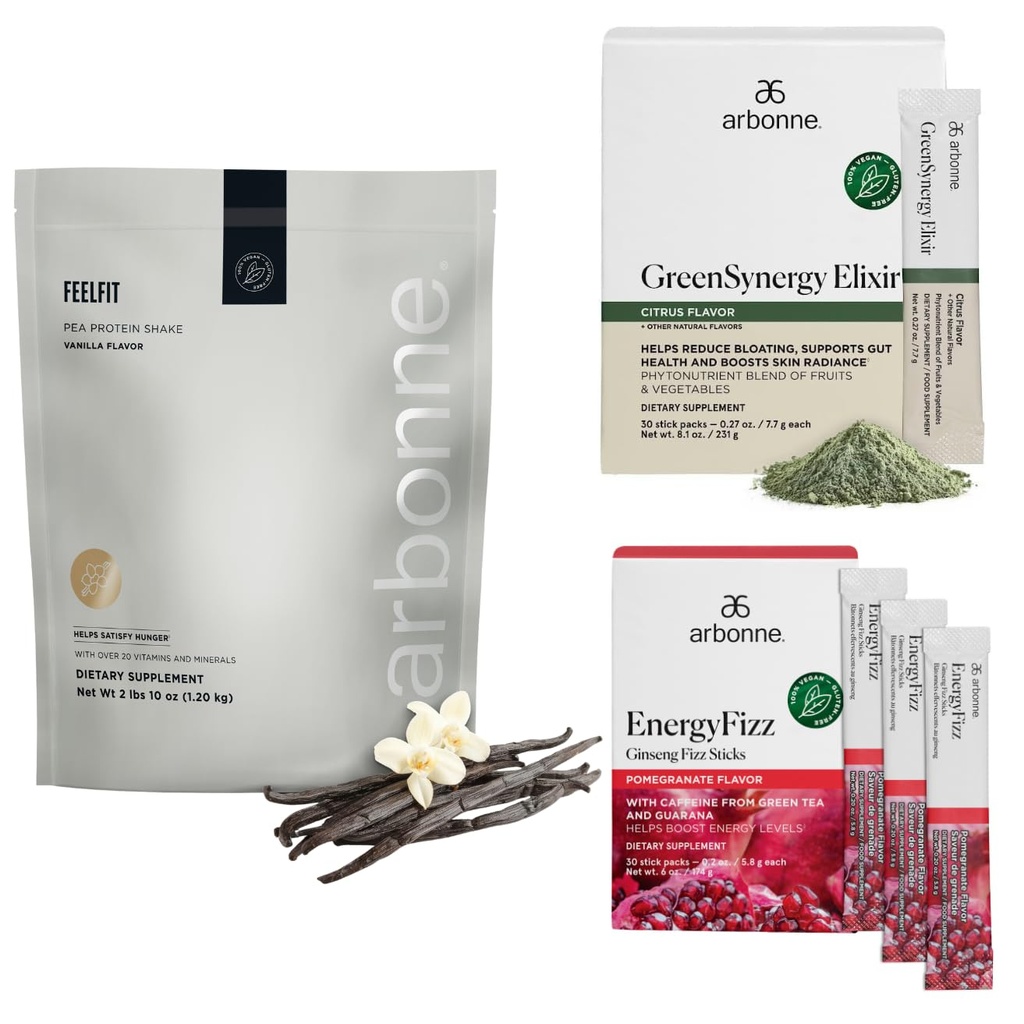 Arbonne Ginseng Energy Fizz (Pomegranate) with FeelFit Pea Protein (Vanilla) and Green Synergy Elixir