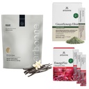Arbonne Ginseng Energy Fizz (Pomegranate) with FeelFit Pea Protein (Vanilla) and Green Synergy Elixir
