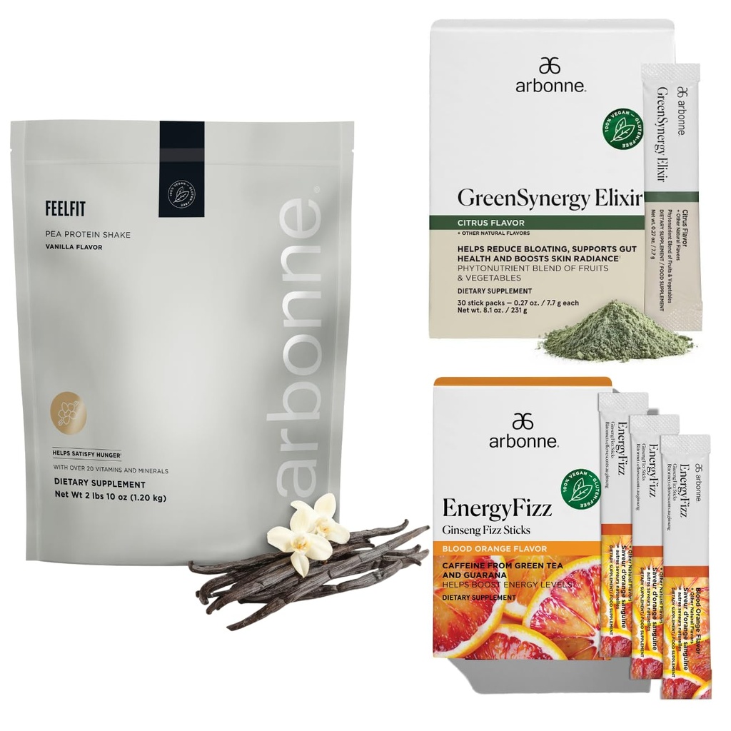 Arbonne Ginseng Energy Fizz (Blood Orange) with FeelFit Pea Protein (Vanilla) and Green Synergy Elixir Bundle.