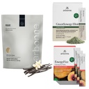 Arbonne Ginseng Energy Fizz (Peach Mango) with FeelFit Pea Protein (Vanilla) and Green Synergy Elixir