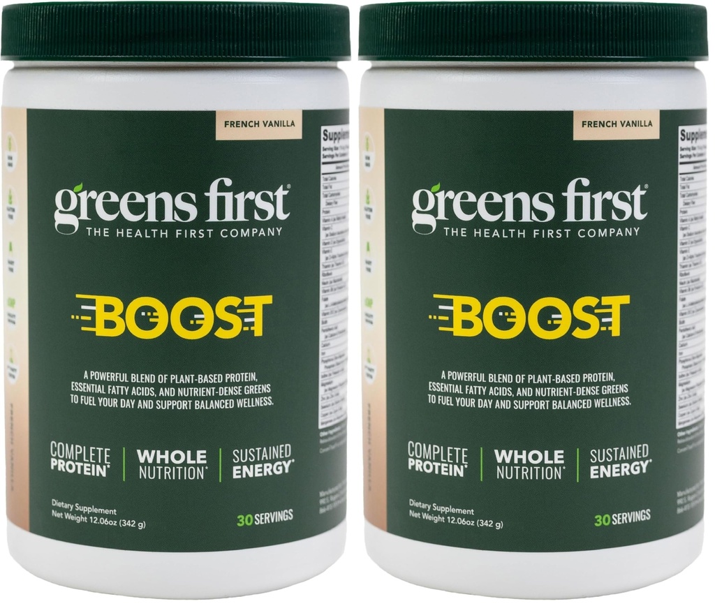 Greens First Boost - Plant-Based Protein & Balanced Nutrition - Superfood Shake Mix - No Wheat or Soy - Dairy-Free - Vegan - French Vanilla, 12.06 oz. (Pack of 2)