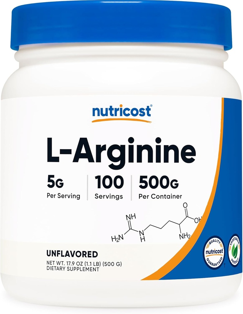Nutricost L-argininpulver 500 Grams (1.1lbs) - Ren L-argininpulver - 5000mg per portion; 100 portioner