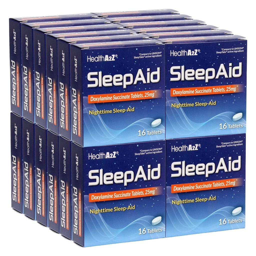 HealthA2Z® Sleep Aid | Doxylamine Succinate 25 mg | Nighttime Sleep Support | 16 Tablets per Pack, 24 Packs | (384 Tablets Total)