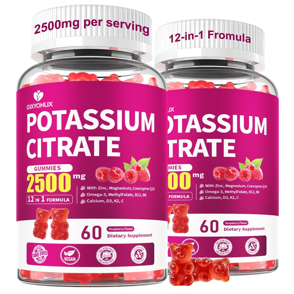 Potassium Citrate 2500mg, Potassium Gummies for Adults-Boost Muscle Health & Immune Support - 60 Count Raspberry Flavor