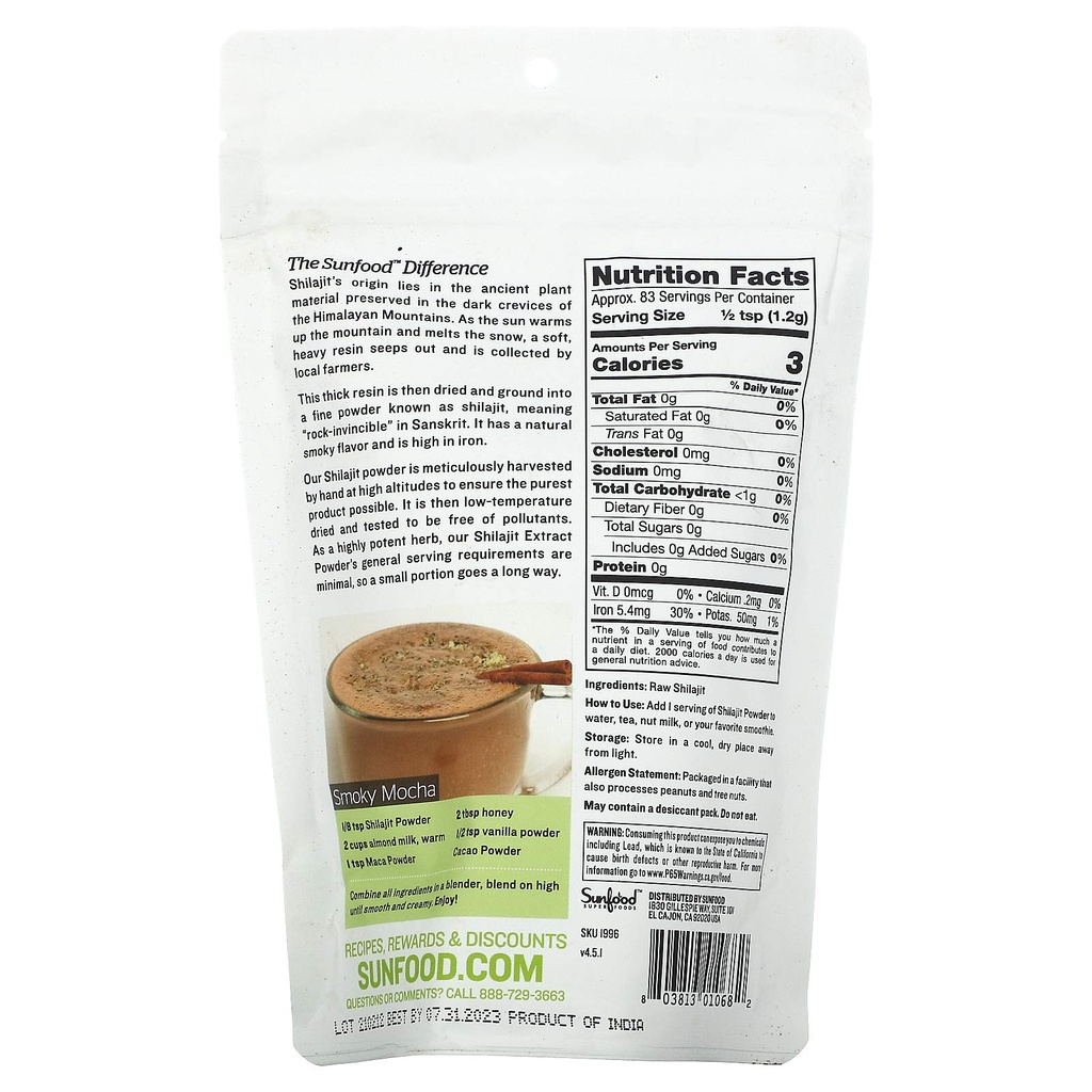 Sunfood Superfood Raw Shilajit Powder for Women & Men - Himalayan Extract for Wellness, Pure & Natural, High in Fulvic Acid, Non-GMO, Vegan, Gluten Free, Earth Kosher - 3.5 oz Bag