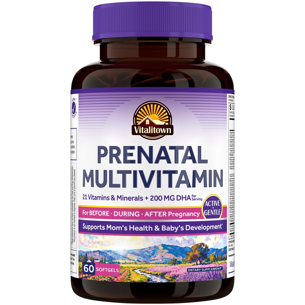 Vitalitown Prenatal Vitamins for Women, with Methylfolate, DHA & Choline, Healthy Growth and Brain Development, Supplement for Before, During, & Post Pregnancy, All Natural, 60 Softgels, Non GMO