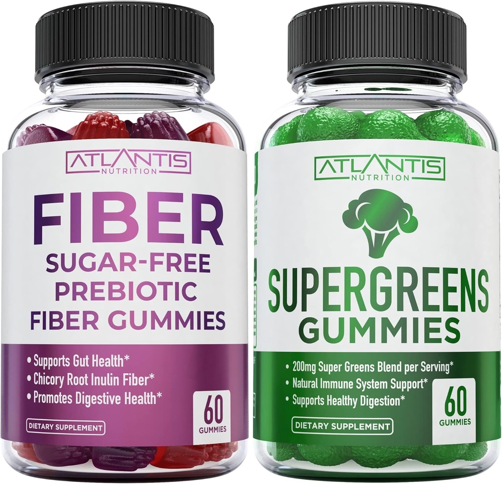 Atlantis Nutrition Sugar Free Prebiotic Fiber Gummies dla dorosłych 2- Pack (120 Gummies) + Supergreens 60 Gummies