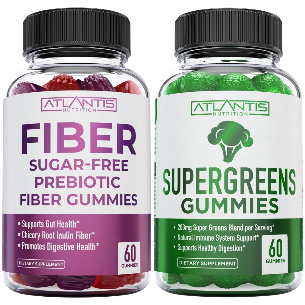 Atlantis Nutrition Sugar Free Prebiotic Fiber Gummies for Adults 2-Pack (120 Gummies) + Supergreens 60 Gummies