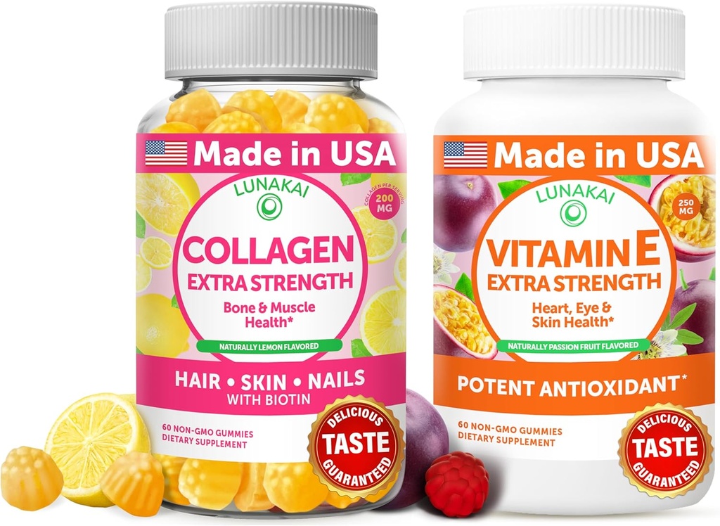 Lunakai Collagen och vitamin E Gummies Bundle - Icke-GMO Anti Aging Supplements for Men & Women - Natural Gummy med vitamin C & 250 mg Natural VIT E