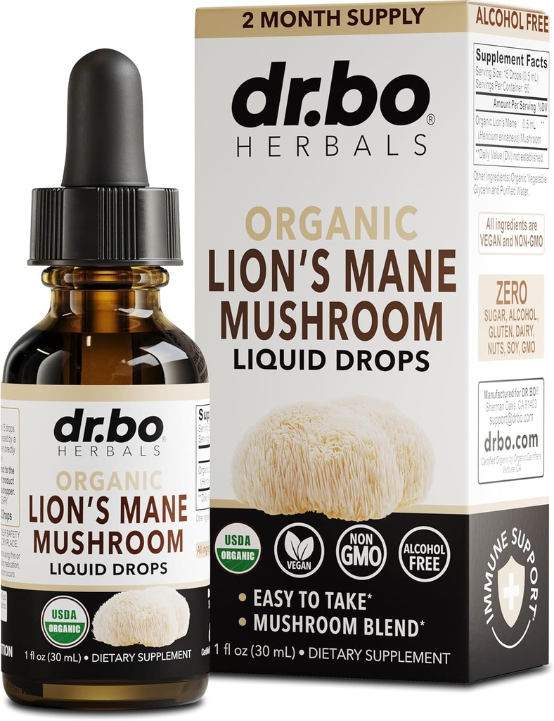 Lions Mane Mushroom Suplement Drops - Mushroom líquido de León orgánico Tintura para foco, suplementos de saúde do cerebro - Vegan Herbal Nervine nootrópico Lions líquido Extracto 1oz