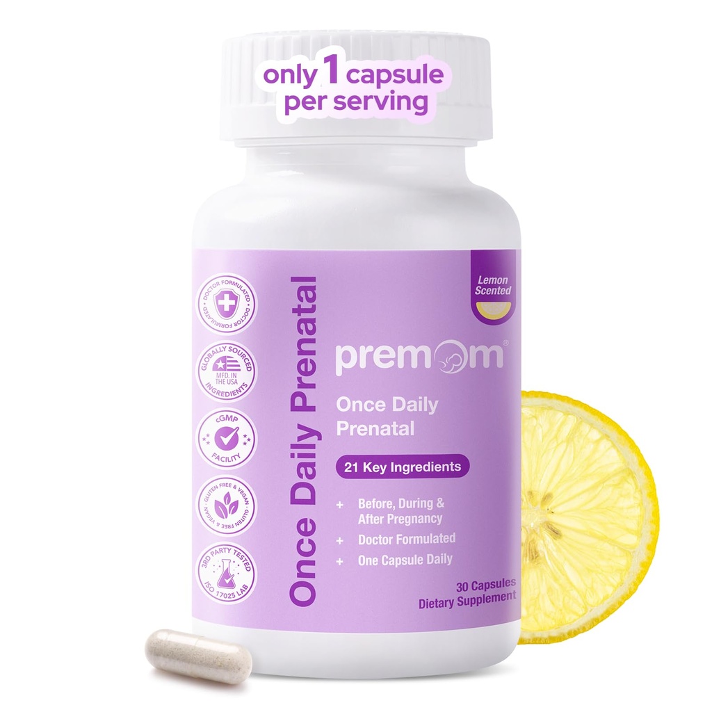 Premom Once Daily Prenatal Vitamins for Women, Multivitamin with Choline, Methylated Quatrefolic Folate, B12, B6, D3, & Vitamin C, Pregnancy Support for Mom & Baby*, No Iron, 30 Veggie Capsules, Lemon