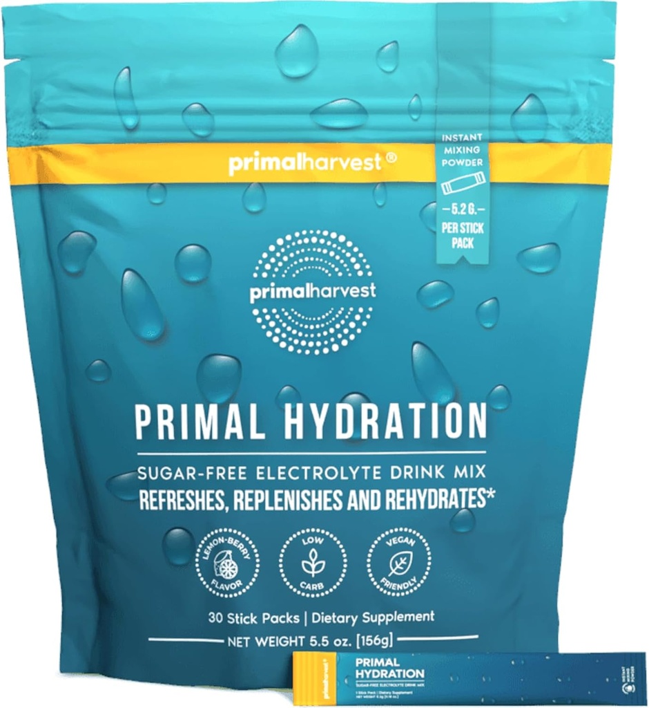 Primal Harvest Electrolytes Порошкові пакети Primal Hydration, Easy Open Packets, Energy Drink Mix (Lemon Berry, 30 Packs) (1 сумка)