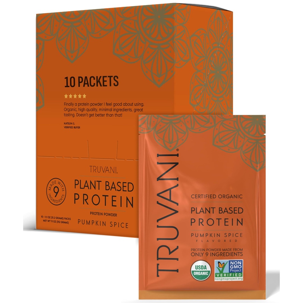Truvani Vegan Pea Protein Powder | Pumpkin Spice | 20g Organic Plant Based Protein | 10 Travel Packets | Keto | Gluten & Dairy Free | Low Carb | No Added Sugar