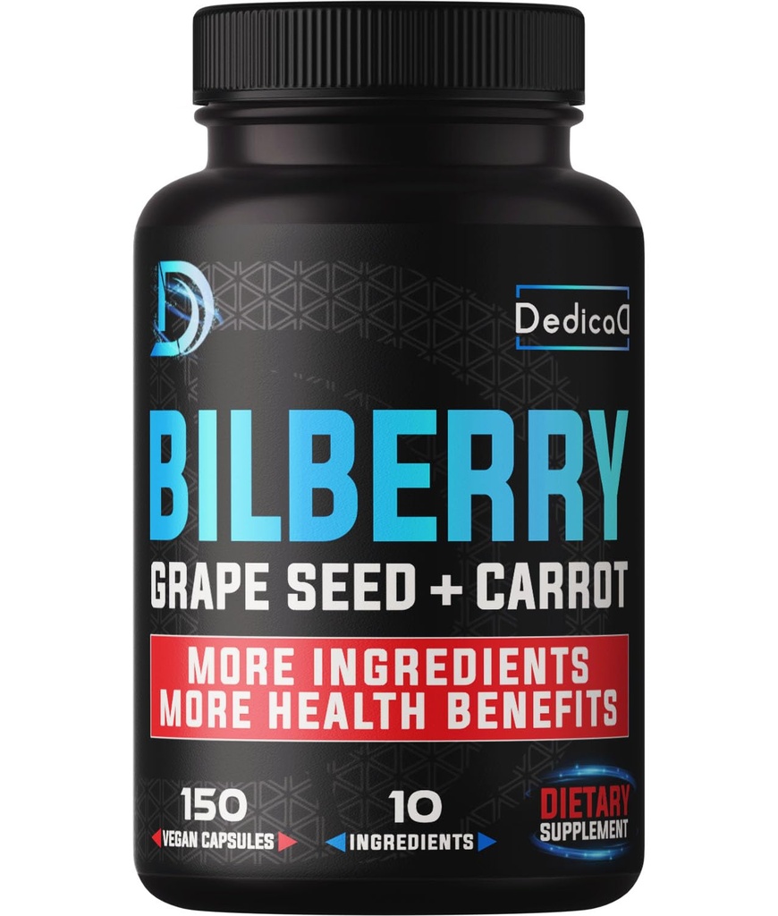 DEDICAD 20:1 Bilberry Extract Capsules - 5 Month Supply - Support Eyes, Vision & Heart Health - 10in1 Plus Grape Seed, Carrot, Elderberry, Eyebright & Others - 150 Counts