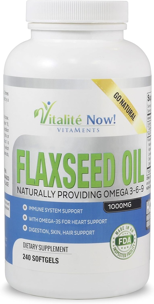 Upsize Best Organic Flaxseed Oil Softgels - 1000mg Premium, Virgin Cold Presionado por Flax Seeds - Hair Skin & Nails Support - Omega 3-6-9 Suplemento - 240 Cuenta - Más de 8 meses de suministro!